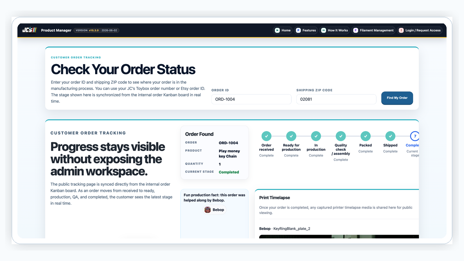 Public customer order tracking with completed timelapse media