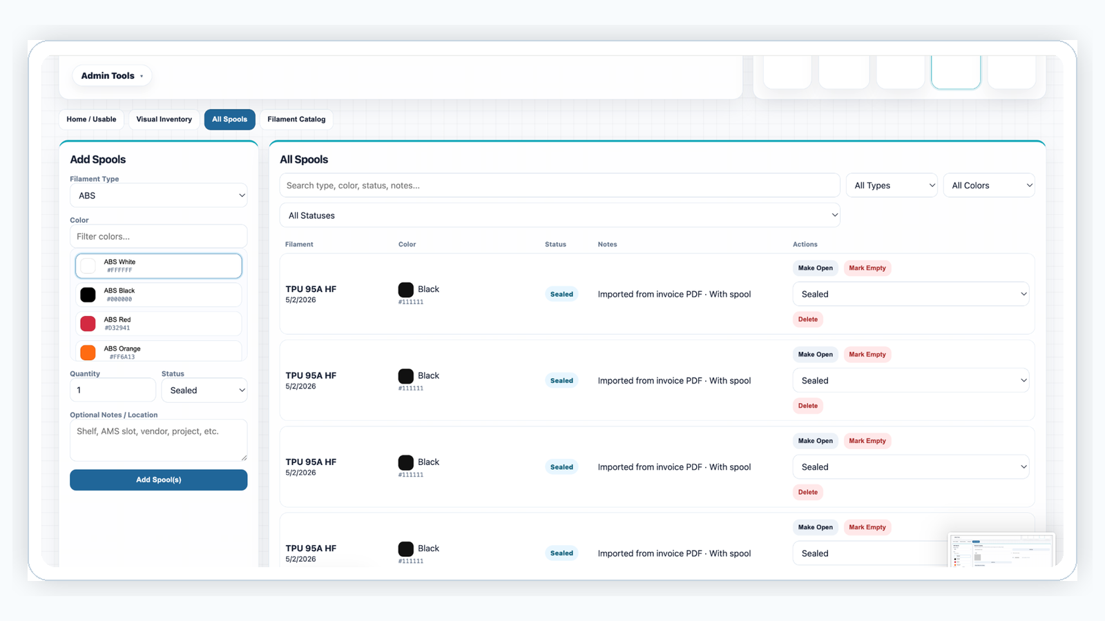 Filament Catalog type color and hex controls