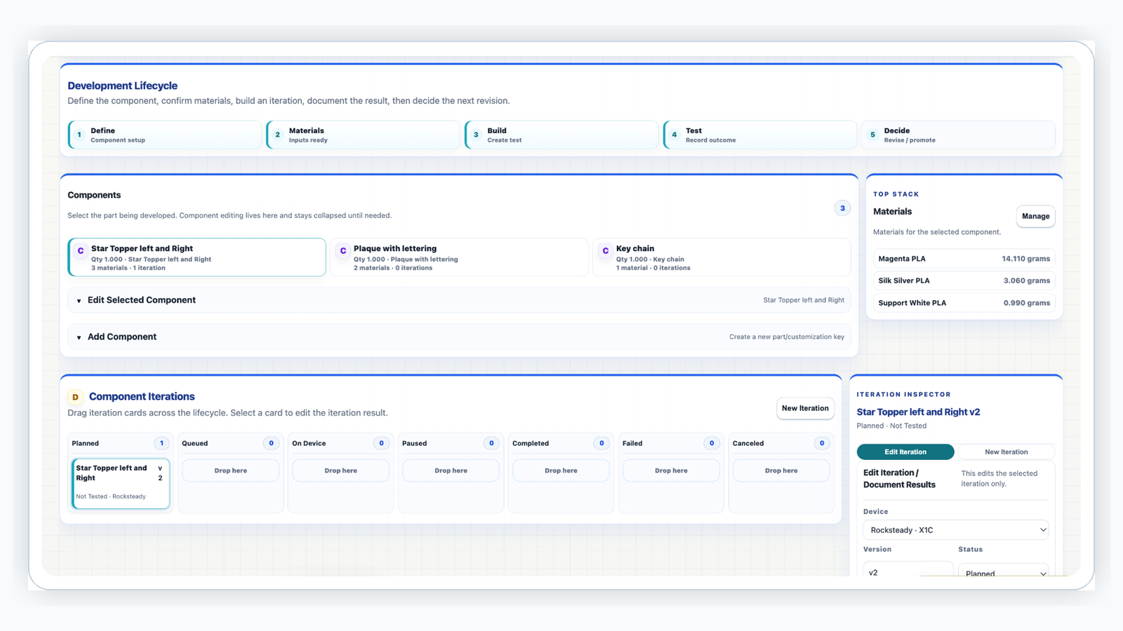 Workbench page for prototype development and iterations